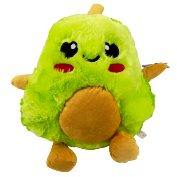 Knallgrüne Plüsch-Avocado mit braunem Kern-Bauch, roten Wangen und gestickten Augen, ca. 38 cm